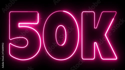 50k text font with light. Luminous and shimmering haze inside the letters of the text 50k. 50k neon sign. Fifty thousand neon sign. 50 000 Number.  photo