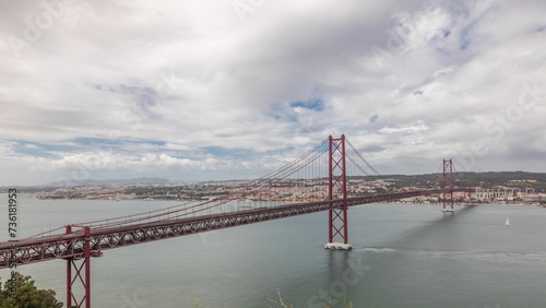 Panorama showing Lisbon cityscape and Tagus river timelapse with 25 of April bridge