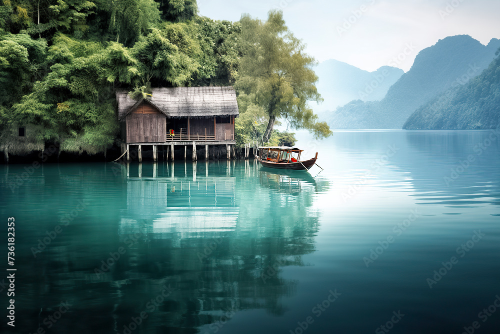 A serene lake with a wooden house on stilts, lush greenery, and a traditional boat against misty mountains, ai generative