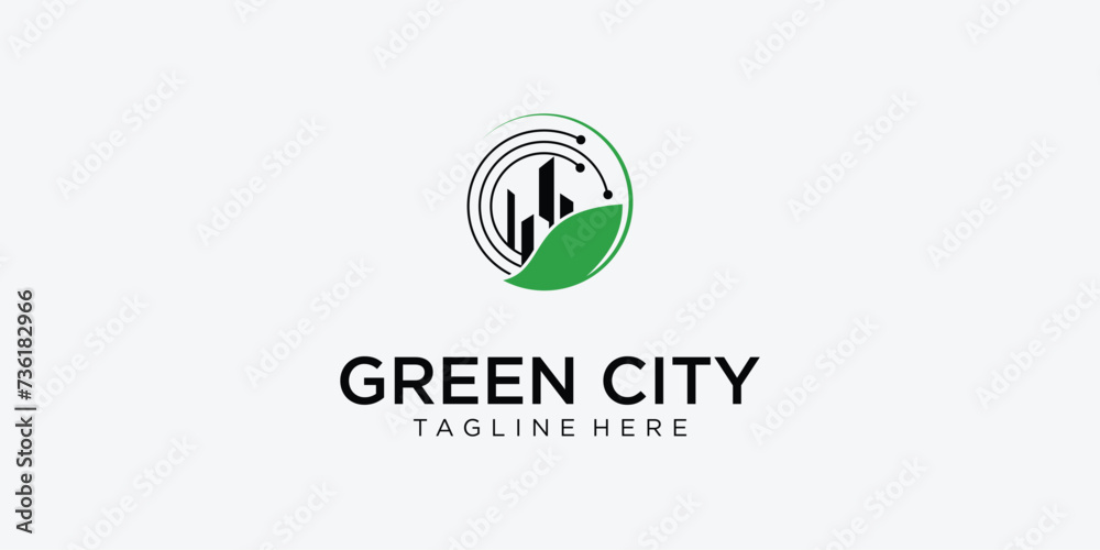Creative green building logo design with modern style| green city logo| premium vector