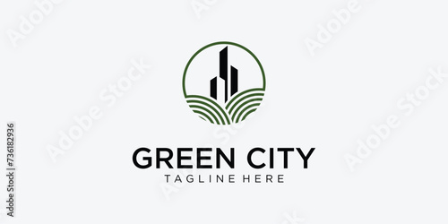 Creative green building logo design with modern style| green city logo| premium vector