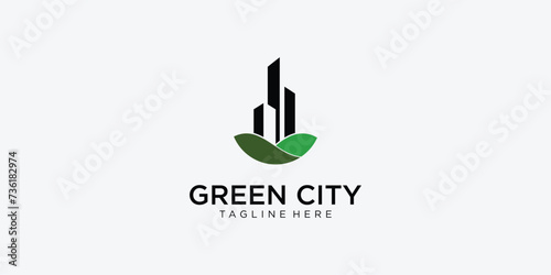 Creative green building logo design with modern style| green city logo| premium vector