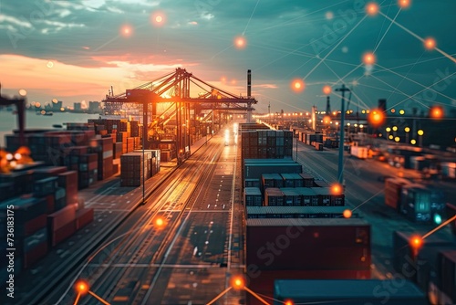 global web of business logistics, with cargo ships and containers photo