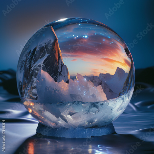 The circle is white like a crystal ball and has a diamond ring light on top. Floating above the surface of the water in a dark atmosphere, global warming effect to ice berg by generative AI.