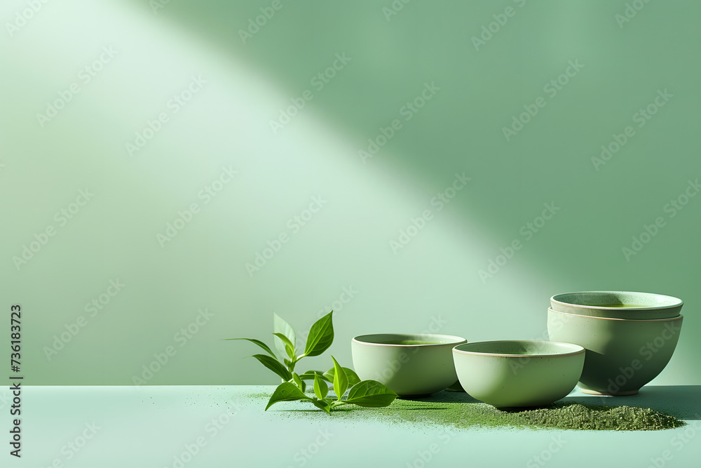 Serene Matcha Tea Set on Green Background Serene Matcha Tea Set on Green Background