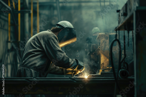 Industrial welder worker is welding in factory