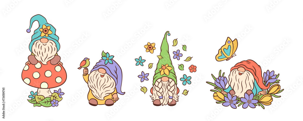 Fototapeta premium Spring gnomes cute characters. Funny garden gnome spring vector. Scandinavian elf fun whimsical fairy core illustration hand drawn. Adorable little dwarf, spring flowers, bird, butterfly, toadstool.