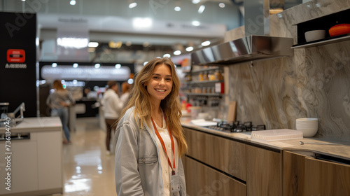 A female sales consultant advises a female customer about kitchen product samples.