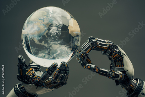 robotic arms holding crystal world, artificial intelligence development revolution by generative AI.