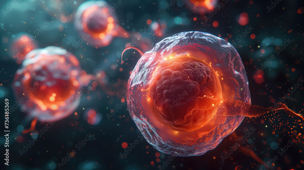 Embryonic cell with a nucleus in the center. egg cell human or animal. Development of organisms at the cellular level under a microscope. medical science concept. Embryonic cell with a nucleus in the center. egg cell human or animal. Development of organisms at the cellular level under a microscope. medical science concept.