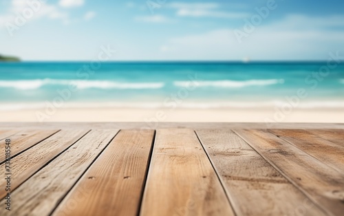 Empty wooden table light brown wood texture Blurred background, sea view and beach