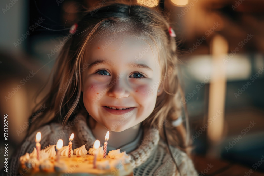 A little Girl smiling with delicious anniversary cake with candles
