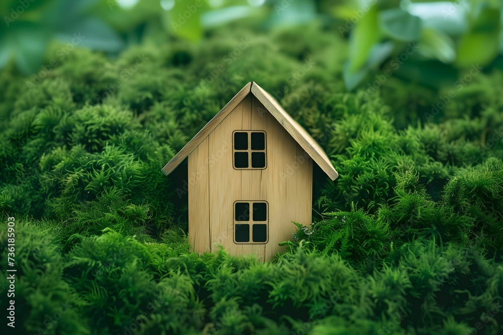 Nestled amidst lush moss, a silhouette of a wooden house invokes the idea of an eco-friendly lifestyle harmonizing with nature.