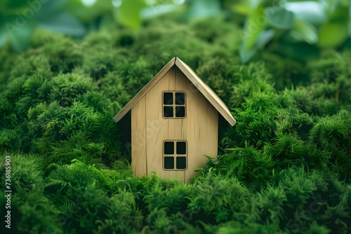 Nestled amidst lush moss, a silhouette of a wooden house invokes the idea of an eco-friendly lifestyle harmonizing with nature. © TEERAWAT