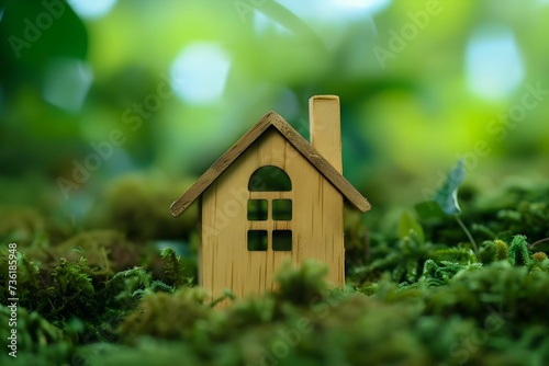 Resting among verdant moss, the silhouette of a wooden house suggests the embrace of an environmentally conscious lifestyle in sync with nature.
