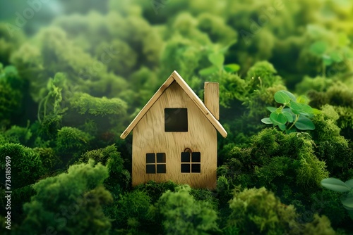 A wooden house silhouette nestled in lush moss, evoking the concept of an eco-friendly lifestyle in harmony with nature.