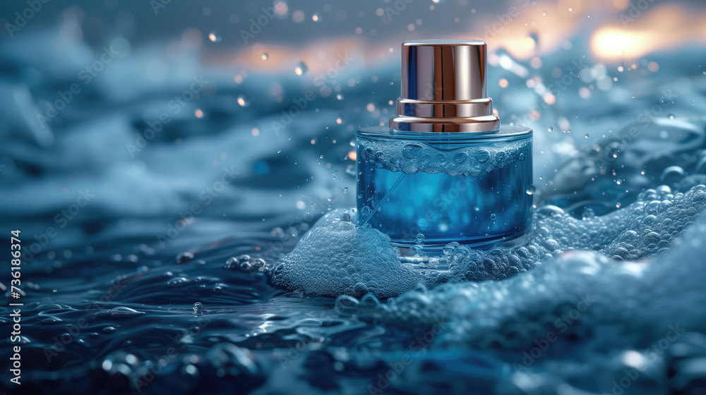 Serum or cosmetics with a simple, elegant design White and blue tones There are blue sea waves and the sky is clear It is a backdrop for product presentations. Serum or cosmetics with a simple, elegant design White and blue tones There are blue sea waves and the sky is clear It is a backdrop for product presentations.