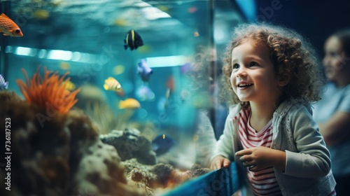 Young girl looking at fish in an aquarium