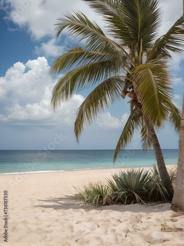 Vertical AI generated photos of a tropical sandy beach with palm trees
