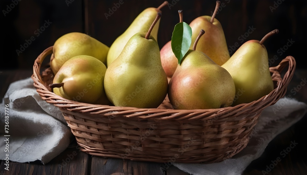 Juicy fresh pears in a basket on dark wooden background