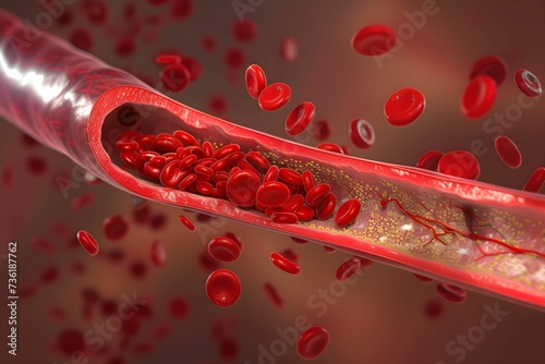 A high-definition 3D rendering of red blood cells traveling through a vein, depicting the dynamics of human blood circulation.