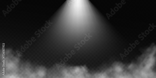 Dark stage on transparent background, neon light from spotlight, empty dark stage and studio room with soaring smoke. For product demonstrations.	