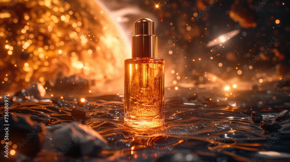 Serum or cosmetics with a simple, elegant design, black and gold tones, with meteors and solar storms as the backdrop for product presentation. Serum or cosmetics with a simple, elegant design, black and gold tones, with meteors and solar storms as the backdrop for product presentation.
