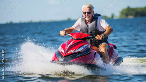Senior bearded Man on Jet Ski, Tropical Ocean, Vacation Concept