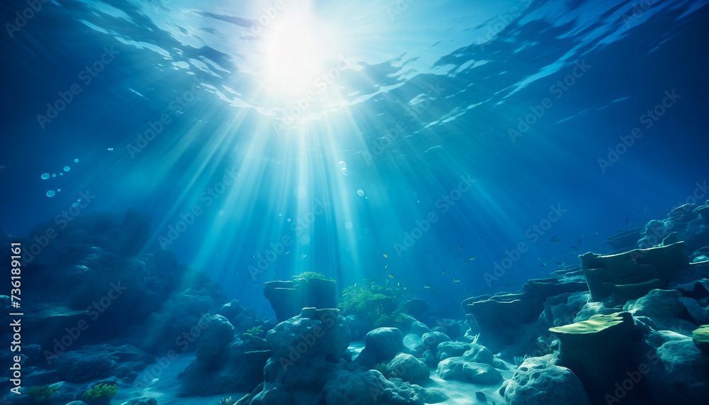 Underwater scene, beautiful blue ocean background with sunlight reflections and seabed