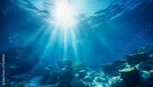 Underwater scene  beautiful blue ocean background with sunlight reflections and seabed