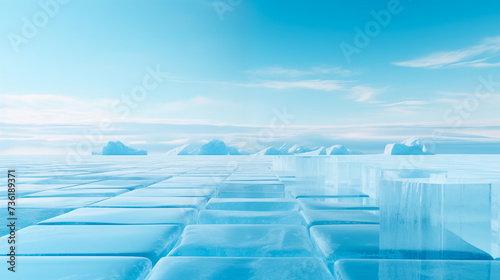 Ice cubes isolated on white and blue background for product presentation and advertising. Ice podest and platform stage.