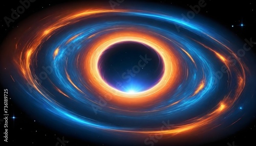 A digital artwork of a vibrant cosmic scene featuring a wormhole with swirling blue and orange nebulae surrounding a bright light at the center against a starry space background