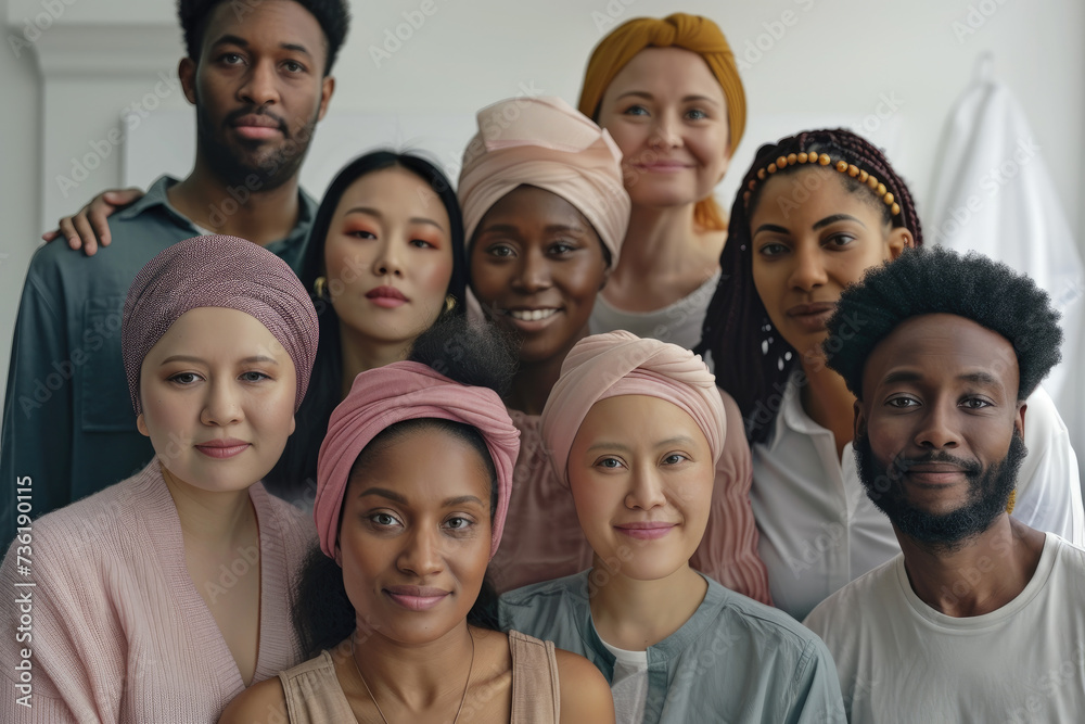 Multiethnic group of people with cancer. cancer support. World Cancer Day