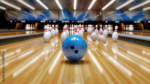 Motion blurr of a bowling alley. A dynamic scene A blue bowling ball