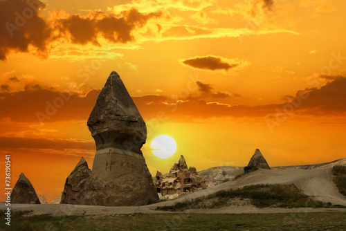 Beautiful landscape Cappadocia stone and Goreme national park Nevsehir Turkey. Amazing Sunset and incredible sky.  photo