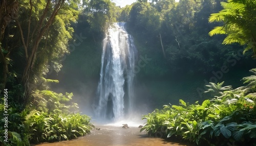 Massive waterfall in the middle of the forest filled with exotic plants during a sunny day  with copy space