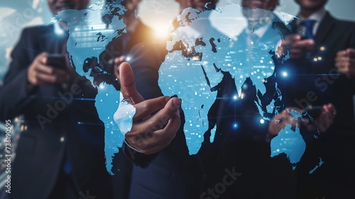 Businessman working with new modern computer showing the world map as a global network. Double exposure.  photo