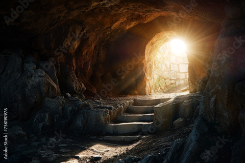 Empty tomb with stone rocky cave and light rays bursting from within. Easter resurrection of Jesus Christ. Christianity, faith, religious, Christian Easter concept #736190976