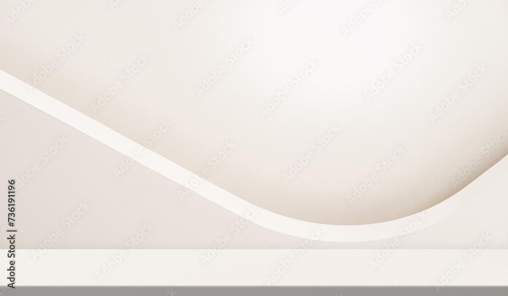 Empty white cement wall room Backdrop with line light curve foreground and floor shelf well display product and text present on free space Background Empty white cement wall room Backdrop with line light curve foreground and floor shelf well display product and text present on free space Background
