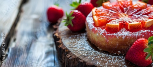 Delicious cake topped with fresh strawberries and chocolate syrup for a sweet treat photo