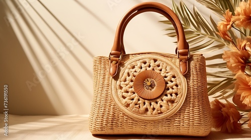 A boho-chic woven straw handbag for women, intricate craftsmanship, and a braided straw design, mockup, displayed on a matte clay background