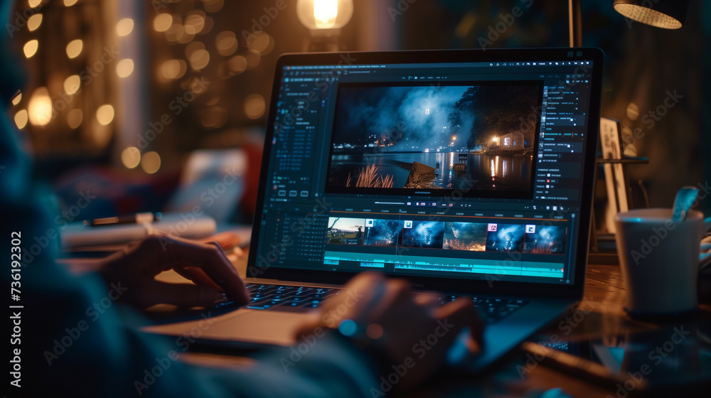 Person editing cinematic video on a laptop in a cozy workspace with a warm, ambient light setting.. Person editing cinematic video on a laptop in a cozy workspace with a warm, ambient light setting..