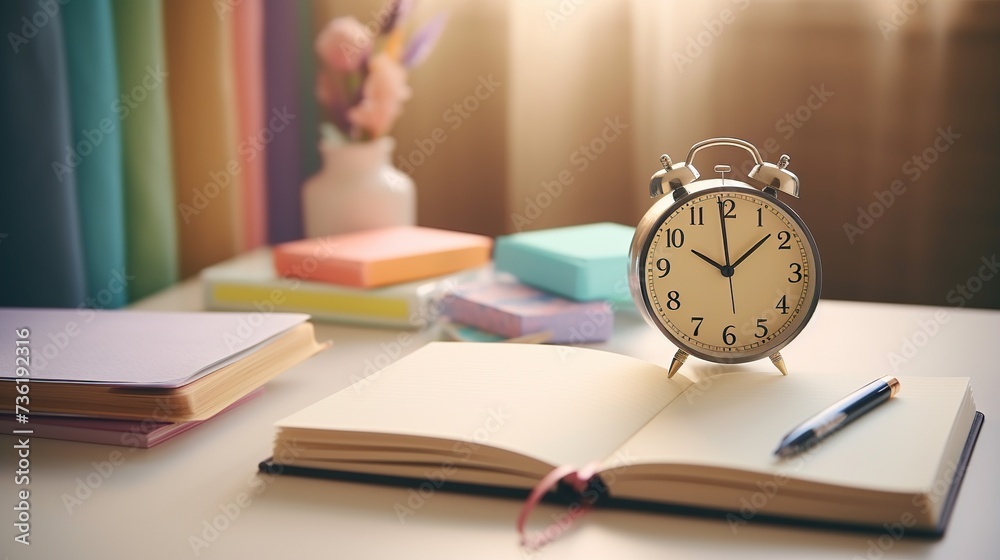Alarm clock with books on table. Back to school background Alarm clock with books on table. Back to school background