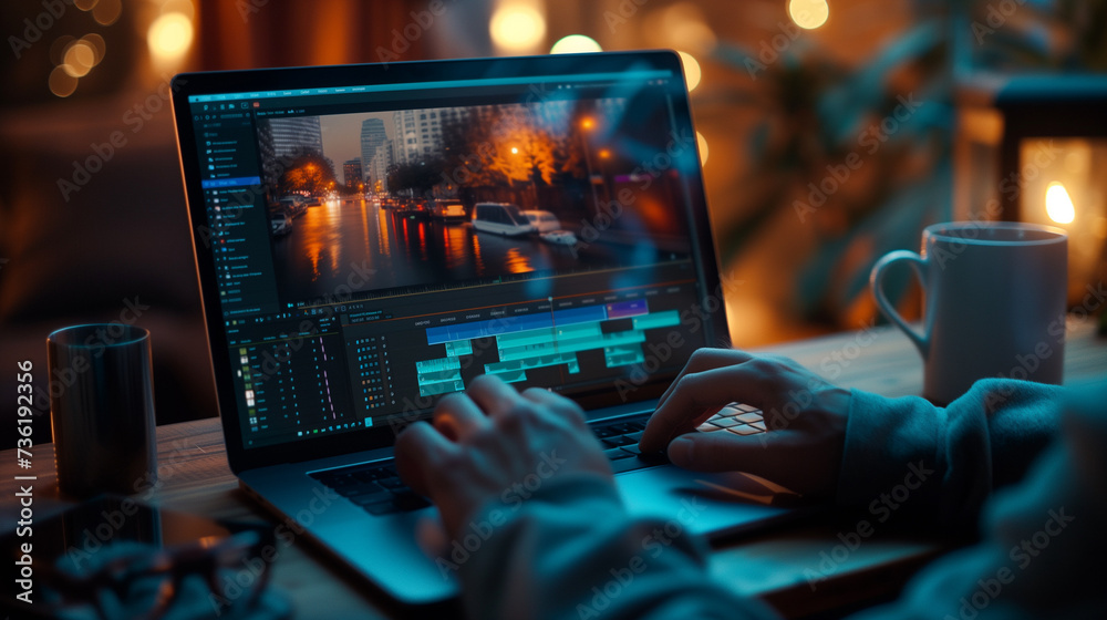 Person editing cinematic video on a laptop in a cozy workspace with a warm, ambient light setting..