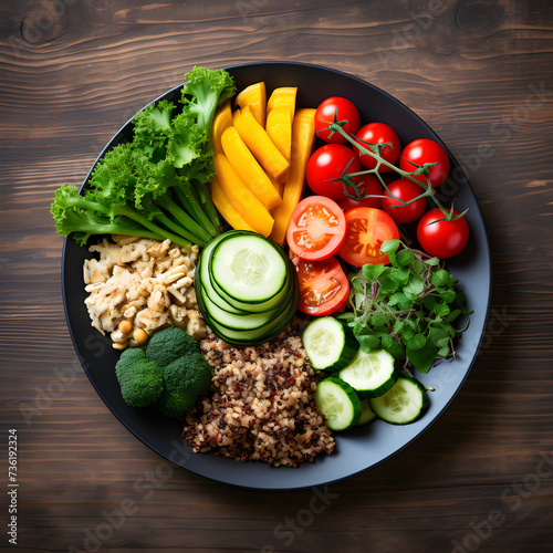 Top View of a Colorful, Healthy and Balanced Meal on a Wooden Table