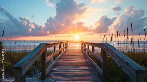 Panoramic view of the footbridge on the beach at sunrise photo