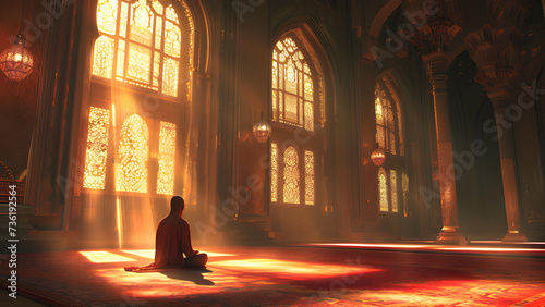 Rear View Illustration of a Muslim praying inside the mosque. Islamic Background