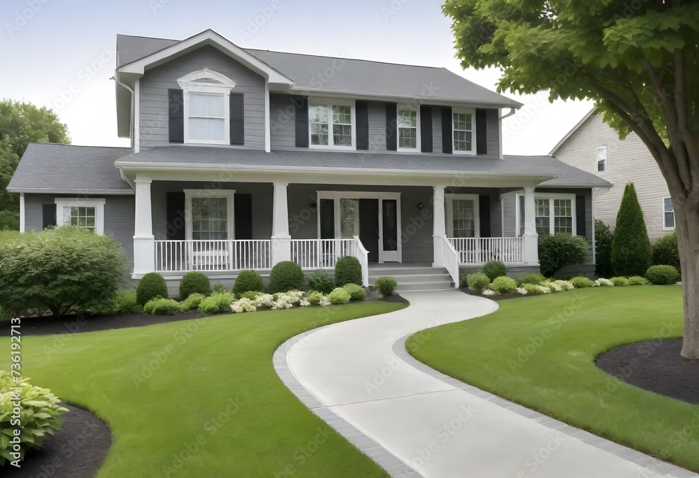A modern gray house with white trim, a covered porch, and a landscaped front yard with a curved pathway, green lawn, and decorative shrubs