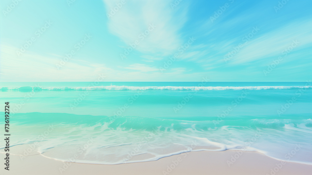 Sandy beach and azure sea with waves, capturing the tranquil beauty of the coastline, perfect for vacation advertisements, travel brochures, or coastal-themed designs, evoking a sense of relaxation
