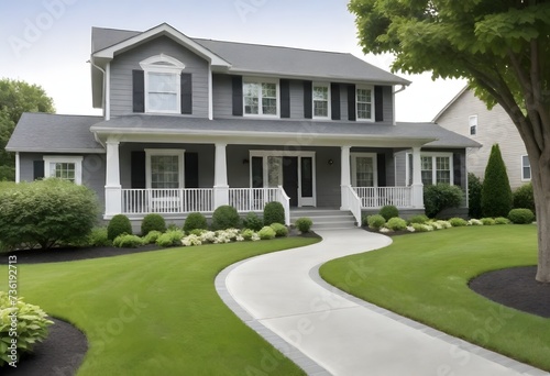 A modern gray house with white trim  a covered porch  and a landscaped front yard with a curved pathway  green lawn  and decorative shrubs